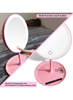 Huitich Round Adjustable LED Makeup Mirror with Storage Tray Pink  - Image 2