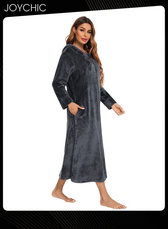 Joychic Long-sleeved Autumn and Winter Flannel Warm and Windproof Nightgown Cardigan Women Zipper Long Pajamas with Hat and Pockets Grey - Image 2