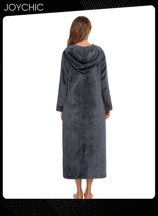 Joychic Long-sleeved Autumn and Winter Flannel Warm and Windproof Nightgown Cardigan Women Zipper Long Pajamas with Hat and Pockets Grey - Image 3