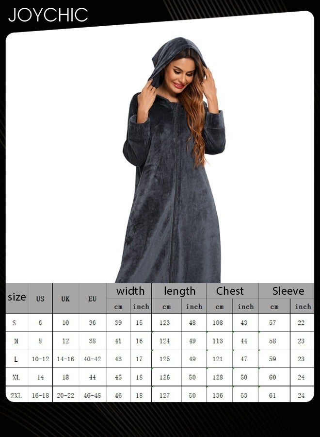 Joychic Long-sleeved Autumn and Winter Flannel Warm and Windproof Nightgown Cardigan Women Zipper Long Pajamas with Hat and Pockets Grey - Image 4