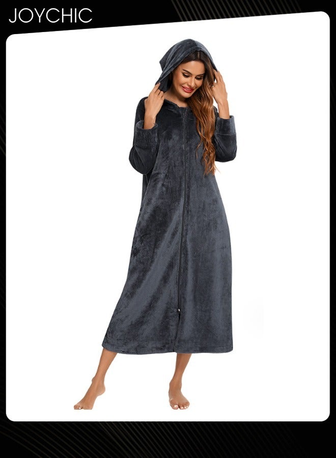 Joychic Long-sleeved Autumn and Winter Flannel Warm and Windproof Nightgown Cardigan Women Zipper Long Pajamas with Hat and Pockets Grey - Image 1