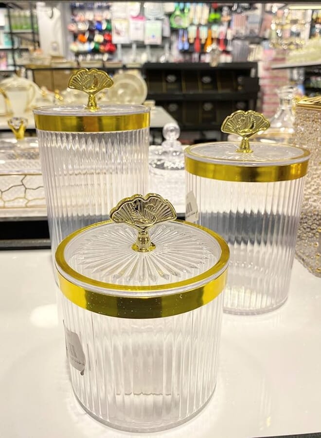 Generic Decorative Glass Storage Jars with Gold Trim Lids, Set of 3, Clear .P