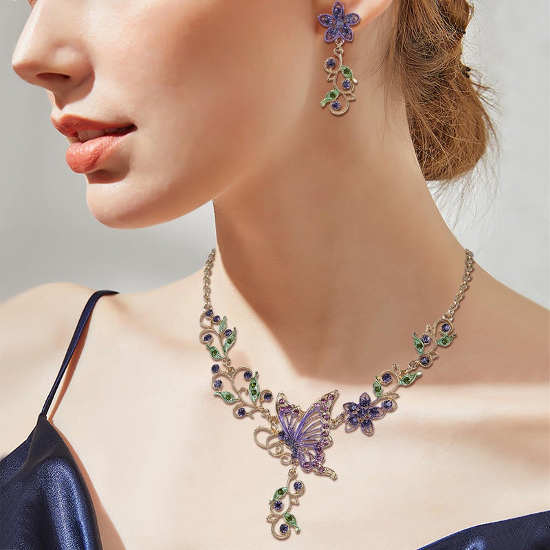EleQueen Women's Austrian Crystal Butterfly Flower Leaf Necklace Earrings Set Gold-Tone Purple - Image 4