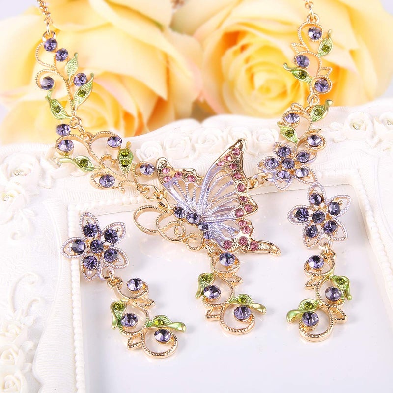 EleQueen Women's Austrian Crystal Butterfly Flower Leaf Necklace Earrings Set Gold-Tone Purple - Image 5