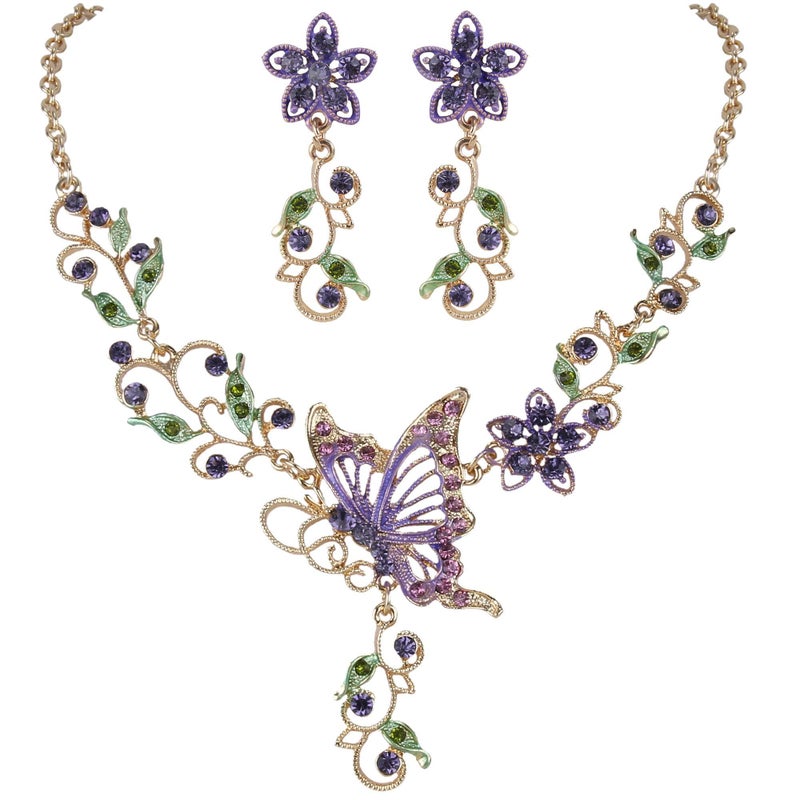 EleQueen Women's Austrian Crystal Butterfly Flower Leaf Necklace Earrings Set Gold-Tone Purple - Image 1