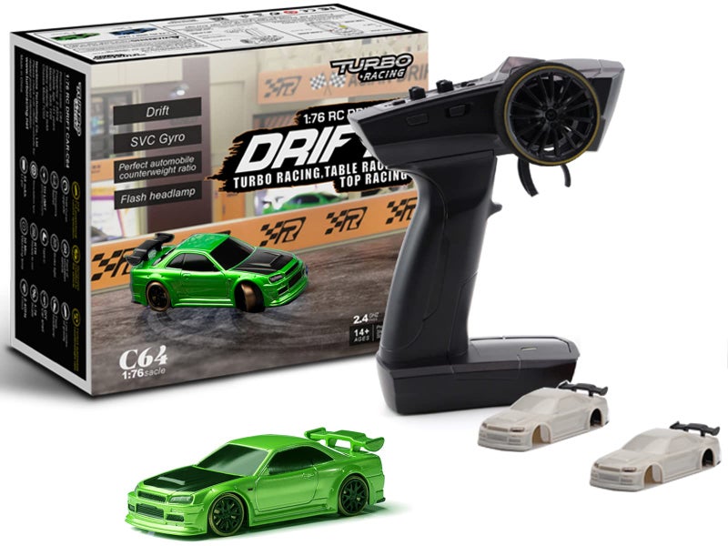 FLYCOLOR Turbo Racing 1:76 Scale Drift RC Car with Gyro Mini Full Proportional RTR 2.4GHZ Remote Control with 2 Replaceable Body Shell (C64-Green) - Image 1