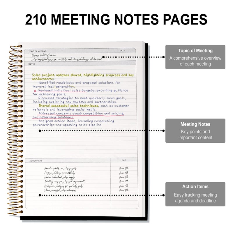 FLYING EAGLE Meeting Notebook for Work with Action Items 240 Pages Meeting Planner Organizer for Office Meeting Agenda Book Spiral Meeting Notes Notebook for Women Men, A4 Black - Image 2