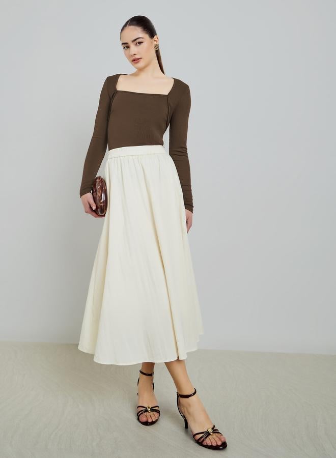 Styli Beige A-Line Midi Skirt - Image 1