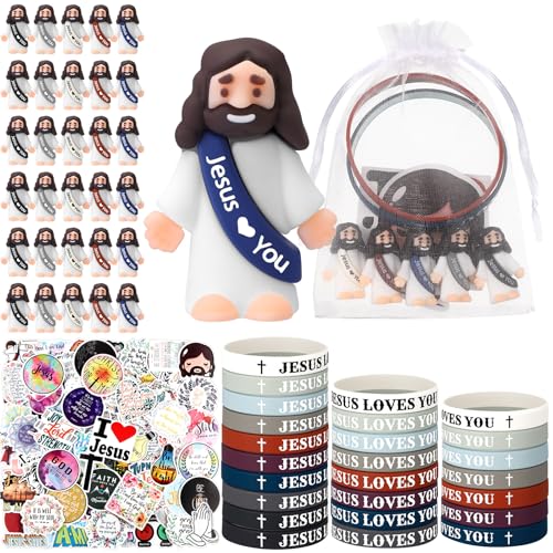 Bememo Retro Color 25 Sets Christian Religious Gifts Sets Little Jesus Figure Silicone Jesus Loves You Bracelets Inspiring Stickers for Easter Church Party Baptism Gifts Cute - Image 1