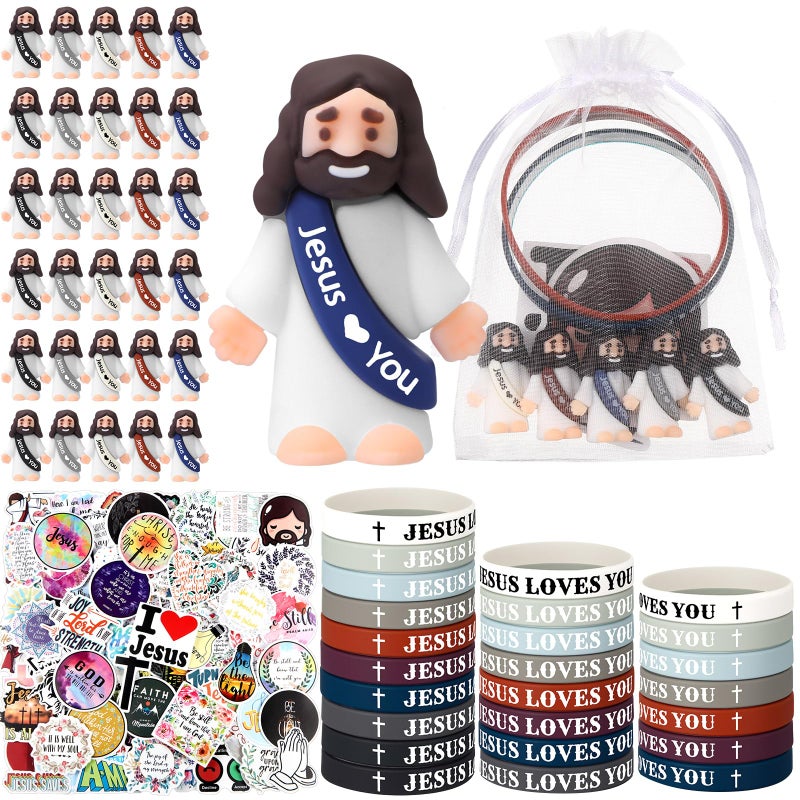 Bememo Retro Color 25 Sets Christian Religious Gifts Sets Little Jesus Figure Silicone Jesus Loves You Bracelets Inspiring Stickers for Easter Church Party Baptism Gifts Cute - Image 3