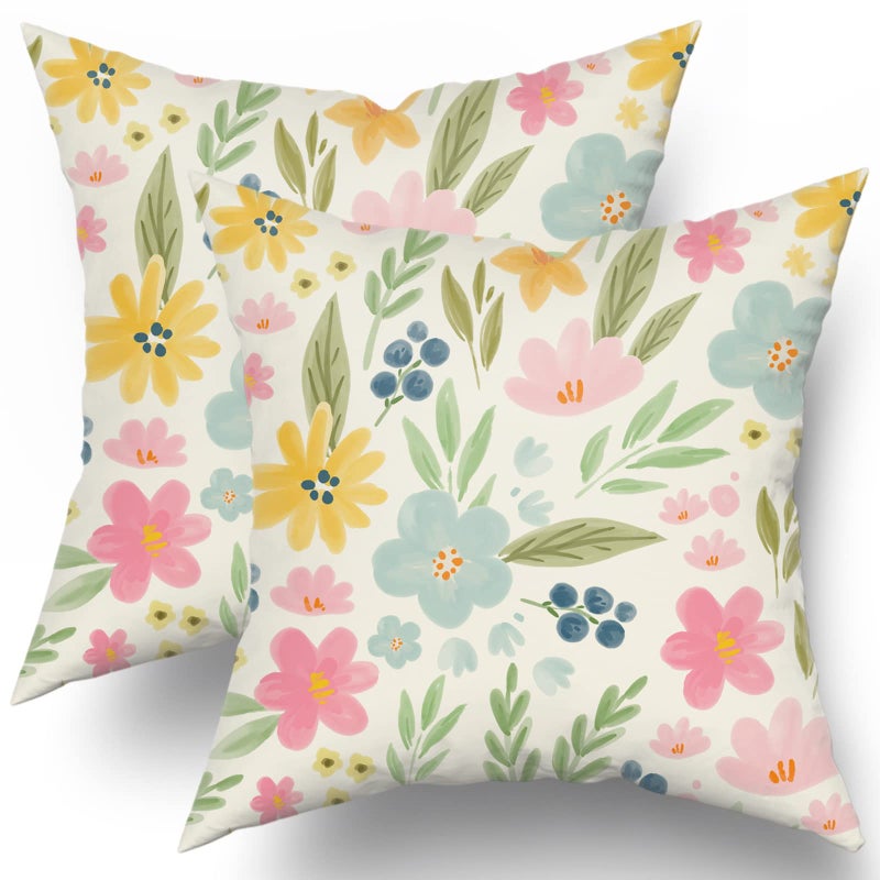Sweetshow Spring Floral Pillow Covers 18x18 Set of 2 Cute Watercolor Yellow Pink Blue Flower Leaf Print Decorative Throw Pillows Spring Rustic Farmhouse Cushion Case Decor for Couch Sofa Bed - Image 1