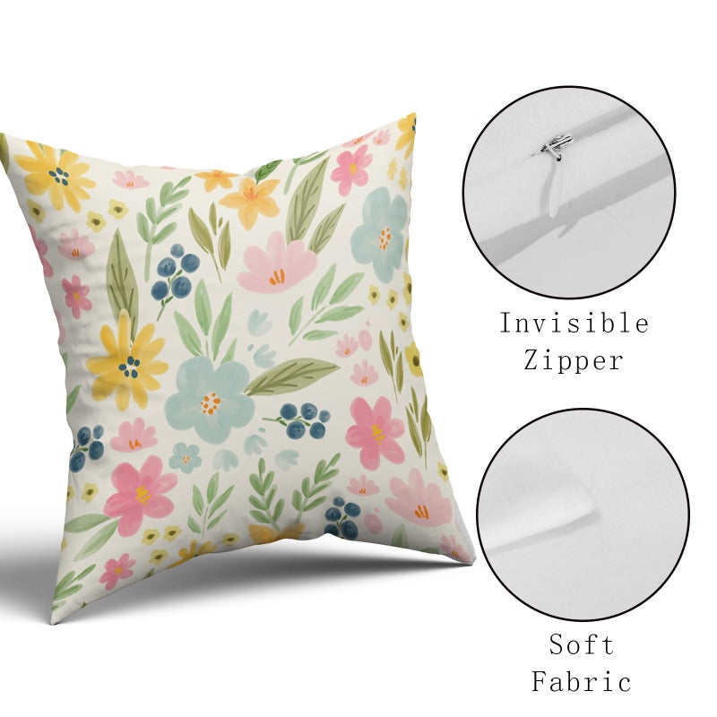 Sweetshow Spring Floral Pillow Covers 18x18 Set of 2 Cute Watercolor Yellow Pink Blue Flower Leaf Print Decorative Throw Pillows Spring Rustic Farmhouse Cushion Case Decor for Couch Sofa Bed - Image 4