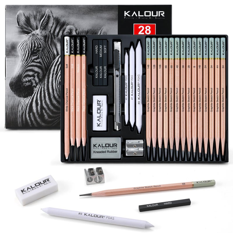 KALOUR مجموعة أقلام الرسم والتخطيط KALOUR 28 Pro - 14 قلم جرافيت (14B-5H)، أقلام فحم، ممحاة، مبراة ودوائر - مجموعة فنية كاملة للفنانين والمبتدئين - Image 1