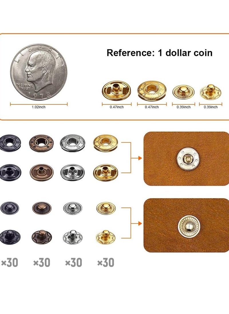 120 Set Snap Fasteners Kit for Leather 12mm Metal Button Snaps Press Studs with 4 Setter Tools, 1 Hammer, 4 Color Leather Snaps for Clothes, Jackets, Jeans Wears, Bracelets, Bags