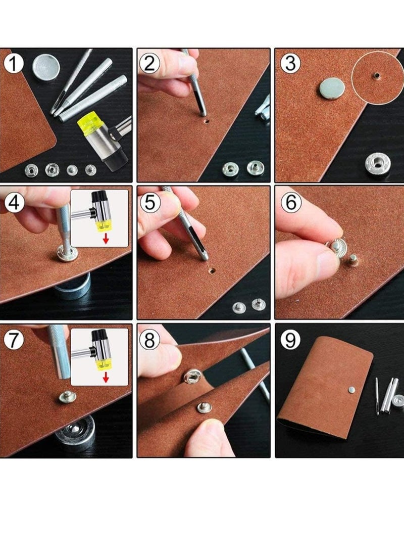 120 Set Snap Fasteners Kit for Leather 12mm Metal Button Snaps Press Studs with 4 Setter Tools, 1 Hammer, 4 Color Leather Snaps for Clothes, Jackets, Jeans Wears, Bracelets, Bags