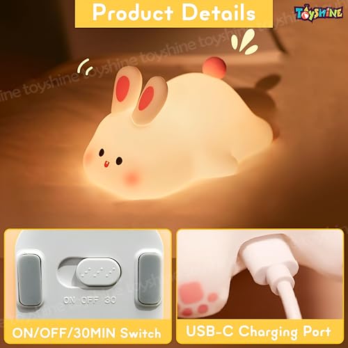 Toyshine Cute Bunny Night Light Squishy Silicone 3 Level Dimmable LED Rechargeable Touch Lamp with Timer Function for Bedroom & Office, White - Image 4