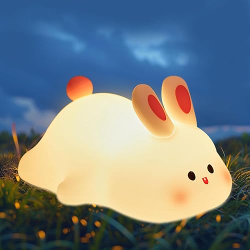 Toyshine Cute Bunny Night Light Squishy Silicone 3 Level Dimmable LED Rechargeable Touch Lamp with Timer Function for Bedroom & Office, White - Image 1