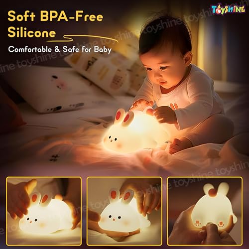 Toyshine Cute Bunny Night Light Squishy Silicone 3 Level Dimmable LED Rechargeable Touch Lamp with Timer Function for Bedroom & Office, White - Image 3