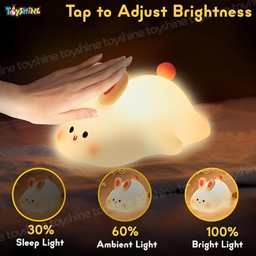 Toyshine Cute Bunny Night Light Squishy Silicone 3 Level Dimmable LED Rechargeable Touch Lamp with Timer Function for Bedroom & Office, White - Image 2