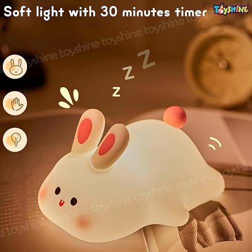 Toyshine Cute Bunny Night Light Squishy Silicone 3 Level Dimmable LED Rechargeable Touch Lamp with Timer Function for Bedroom & Office, White - Image 5