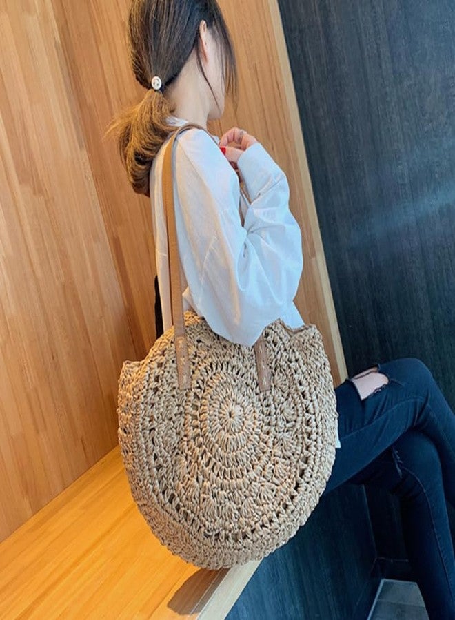 TENDYCOCO Round Straw Beach Bag Handmade Woven Circle Rattan Tote Lightweight Shoulder Bag Summer Vacation Travel Purse Bohemian Casual Handbag - Image 4