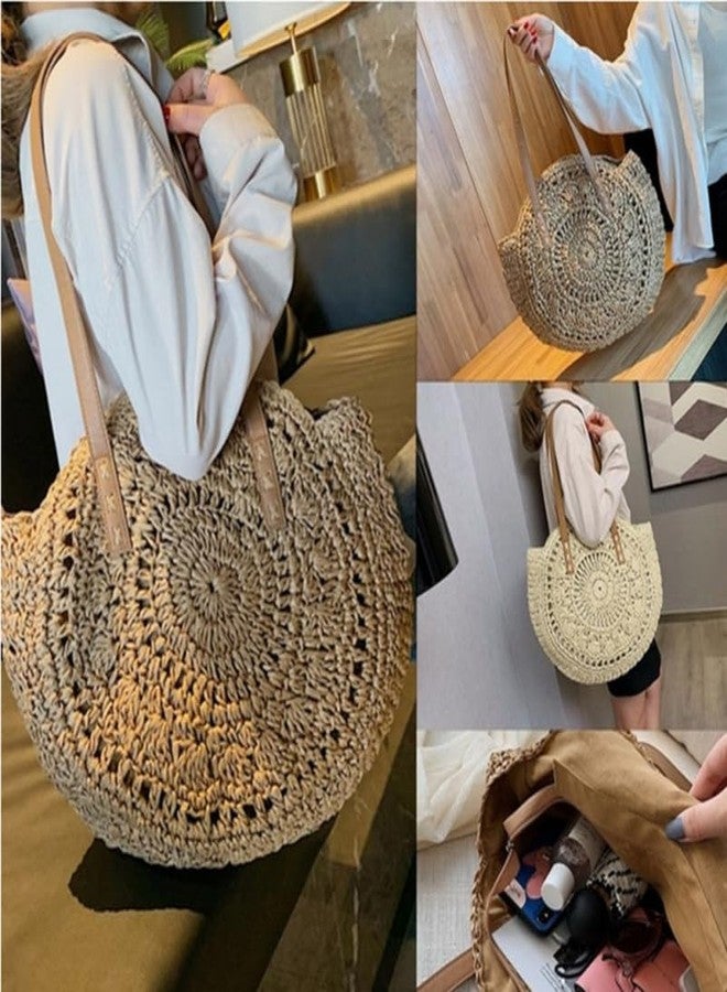 TENDYCOCO Round Straw Beach Bag Handmade Woven Circle Rattan Tote Lightweight Shoulder Bag Summer Vacation Travel Purse Bohemian Casual Handbag - Image 5