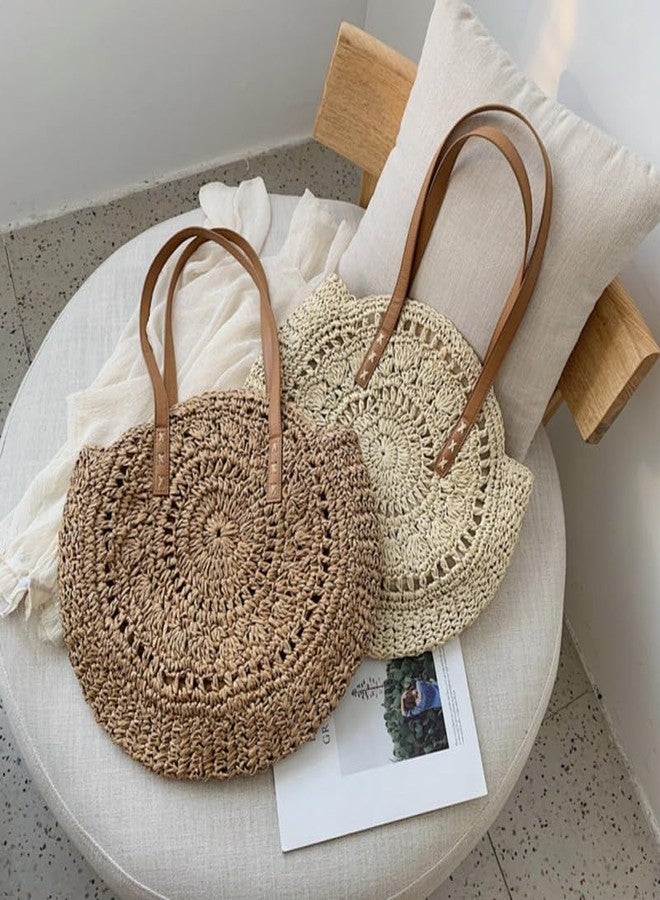 TENDYCOCO Round Straw Beach Bag Handmade Woven Circle Rattan Tote Lightweight Shoulder Bag Summer Vacation Travel Purse Bohemian Casual Handbag - Image 3