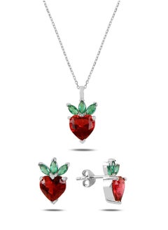 EMNON 925 Silver,Strawberry & Heart CZ Set Rhodium Plated 100% Precious Metal Gift for Women- Emnon68SE 