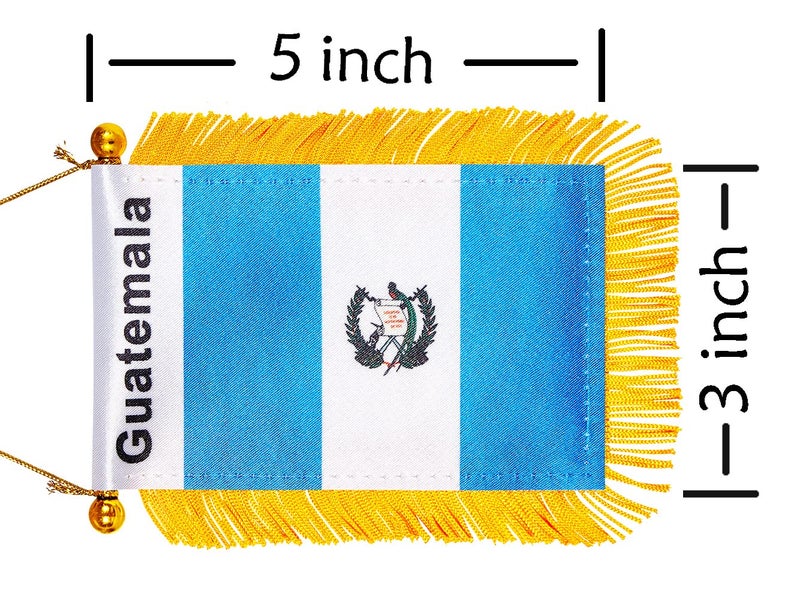WXTWK 3 X 5 Inch Guatemala Flag Guatemalan Window Hanging Flag Small Mini Car Flags Banners Rearview Mirror Decoration With Suction Cup Golden Fringy Banner - Image 2