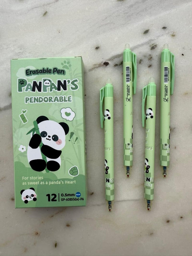 DEOXY 12Pcs Panda Pen Retractable Erasable Gel Pens, 0.5 mm Fine Point Smooth Writing Eraser Pen, Quick Drying Blue Ink for Office School Note Taking Birthday Return Gifts for Kids - Image 1