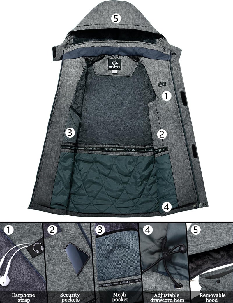 GEMYSE Men's Ski Snow Jacket Warm Winter Waterproof Coat Snowboard Rain Jacket Hooded Windbreaker(Marl Gray,Medium) - Image 5