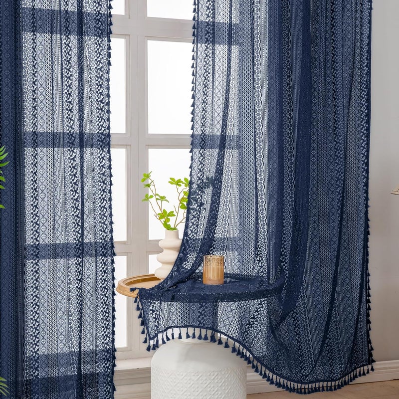 WAZZIO Navy Blue Sheer Curtains 84 Inches Long 2 Panel - Light Filtering Privacy Home Decor Window Curtains Panel,Rod Pocket Cotton Blend Tassel Trim Crochet Lace Drapes for Living Room,Bedroom - Image 4