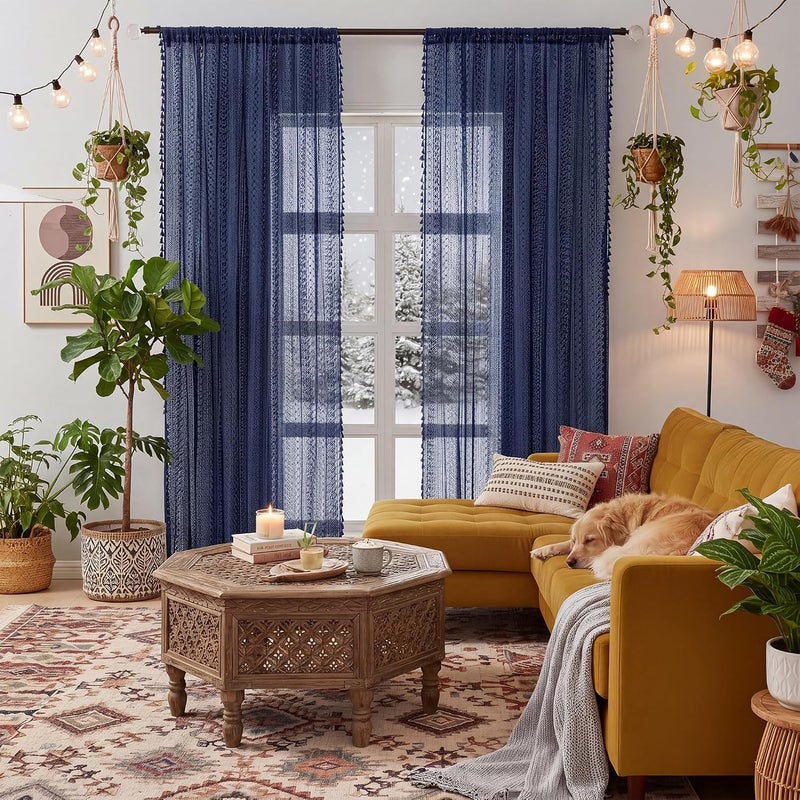 WAZZIO Navy Blue Sheer Curtains 84 Inches Long 2 Panel - Light Filtering Privacy Home Decor Window Curtains Panel,Rod Pocket Cotton Blend Tassel Trim Crochet Lace Drapes for Living Room,Bedroom - Image 1