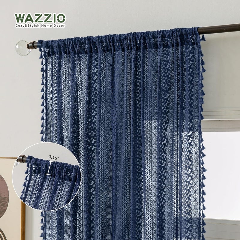 WAZZIO Navy Blue Sheer Curtains 84 Inches Long 2 Panel - Light Filtering Privacy Home Decor Window Curtains Panel,Rod Pocket Cotton Blend Tassel Trim Crochet Lace Drapes for Living Room,Bedroom - Image 5