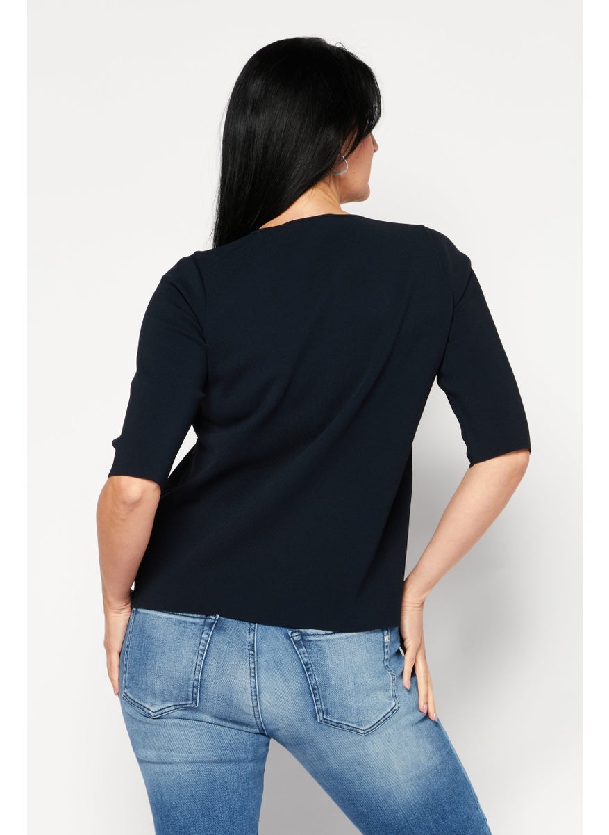STELLA MCCARTNEY - Women Round Neck Short Sleeves Textured Blouse, Navy - Image 1