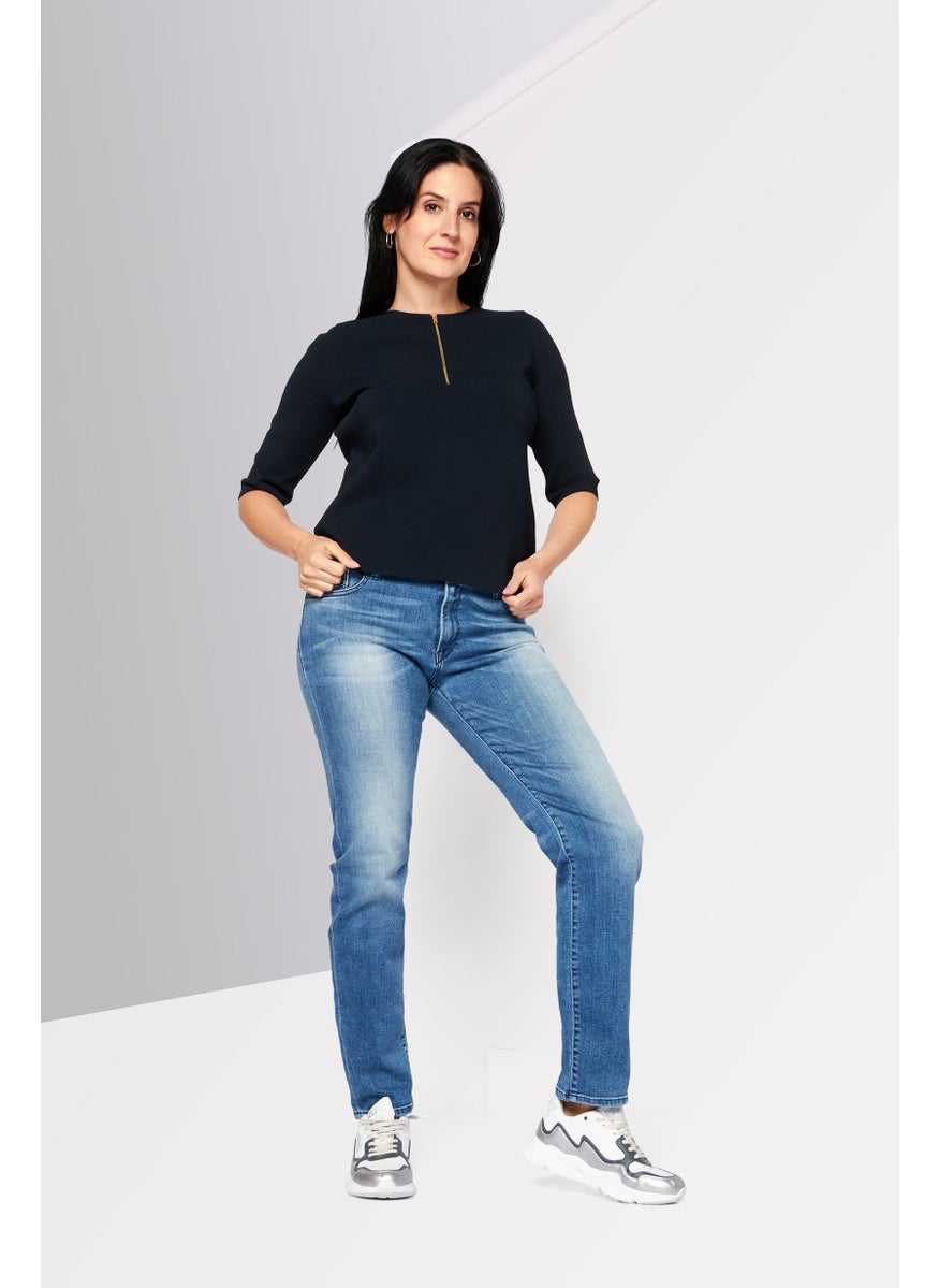 STELLA MCCARTNEY - Women Round Neck Short Sleeves Textured Blouse, Navy - Image 1
