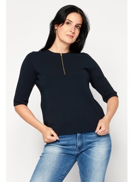 Women Round Neck Short Sleeves Textured Blouse, Navy