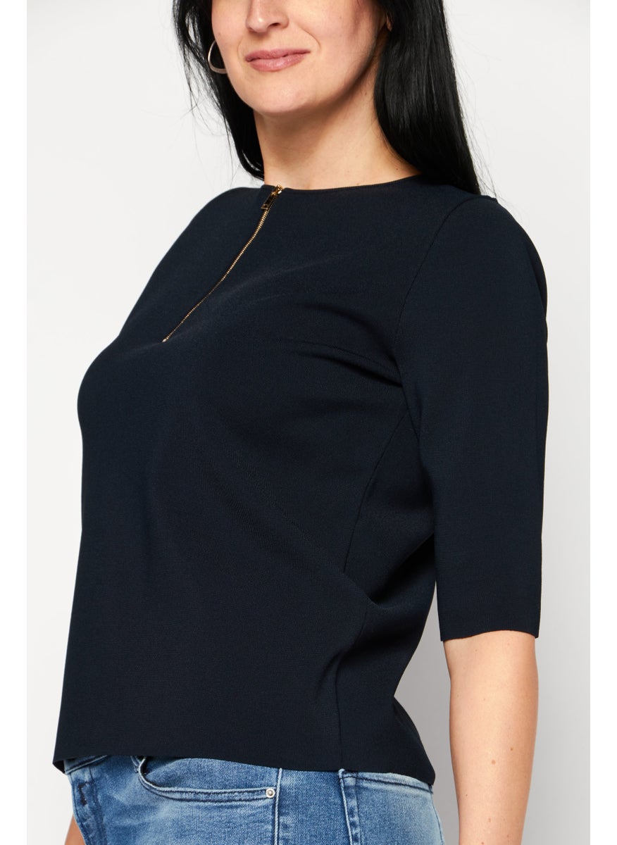 STELLA MCCARTNEY - Women Round Neck Short Sleeves Textured Blouse, Navy - Image 1