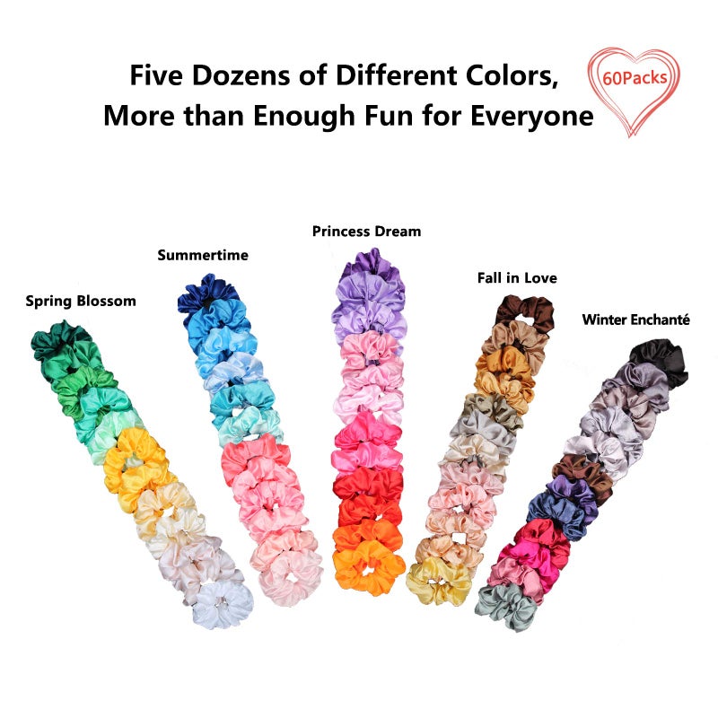 BeeVines Hair Scrunchies, Satin Silk Scrunchies, Silky Curly Hair Accessories for Women, Hair Ties Ropes for Teens, Girl’s Birthday Thanksgiving Christmas Gift, 60 Pack - Image 2