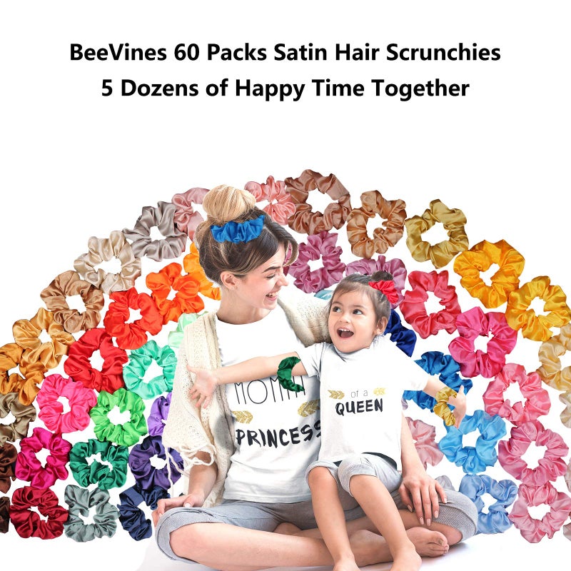 BeeVines Hair Scrunchies, Satin Silk Scrunchies, Silky Curly Hair Accessories for Women, Hair Ties Ropes for Teens, Girl’s Birthday Thanksgiving Christmas Gift, 60 Pack - Image 5
