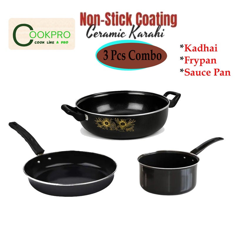 Non-Stick Cookware Set - Black 3 Pcs Combo