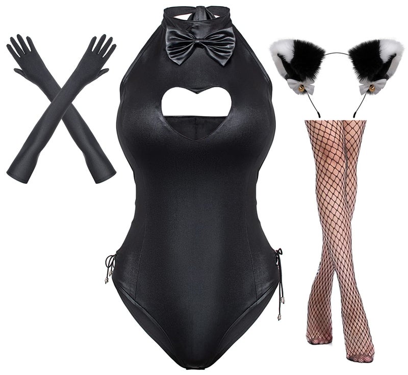 Yuriko Womens Bunny Costume Girl Suit Button Crotch Romper Onesie Bodysuit Cosplay Costume Furry Cat Ear Gloves Socks setBlack XL - Image 4