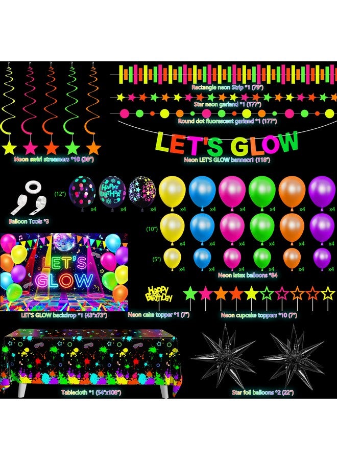 Fayoo Neon Birthday Party Decoration Glow in The Dark Party Supplies Let's Glow Backdrop Banner Neon Fluorescent Balloons Garland Arch Kit Star Hanging Swirl Black Light Reactive Glow Tape Neon Streamer - Image 2