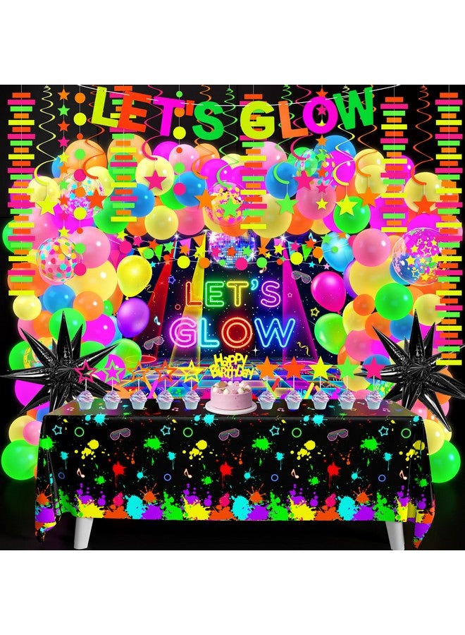 Fayoo Neon Birthday Party Decoration Glow in The Dark Party Supplies Let's Glow Backdrop Banner Neon Fluorescent Balloons Garland Arch Kit Star Hanging Swirl Black Light Reactive Glow Tape Neon Streamer - Image 1