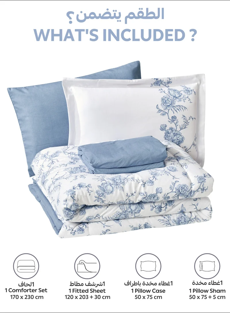Donetella Bedding Comforter Set Single Size, 4-Pcs Bed Set Fits 120x200 Cms -Printed Bedding Set-All Season- Brushed Microfiber (طقم مفرش سرير فندقي)