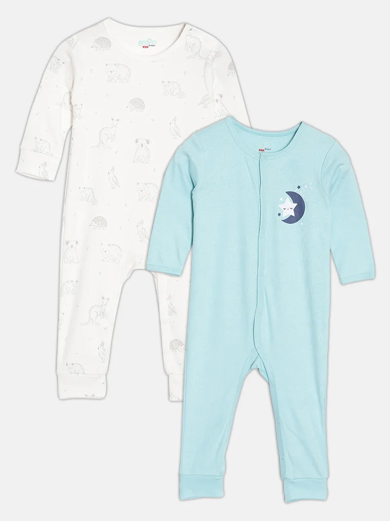 Broon Broon Infant Girls White and Sea Blue Printed Organic Cotton Sleepsuit Pack of 2