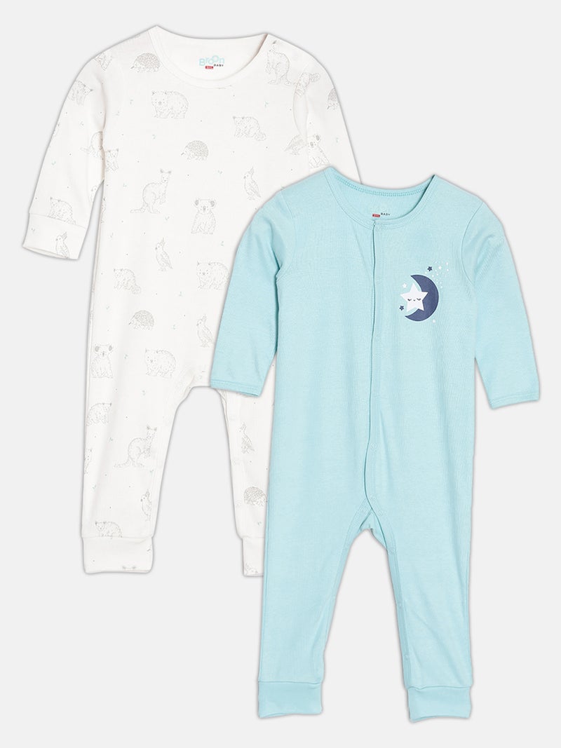 Broon Infant Girls White and Sea Blue Printed Organic Cotton Sleepsuit Pack of 2 - Image 1