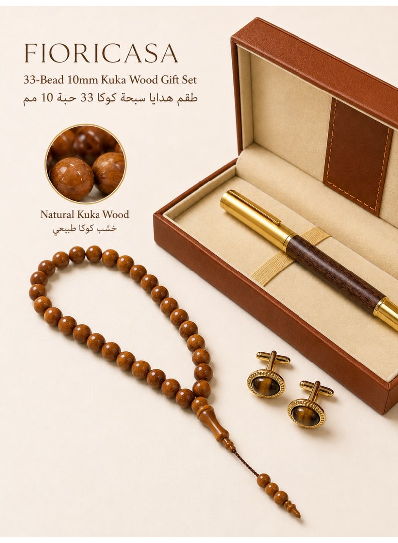 FIORICASA Men’s Gift Set with 33-Bead 10mm Kuka Wood Prayer Beads, Wood & Brass Fountain Pen, Tiger Eye Cufflinks and Premium Gift Box for Him - Image 1