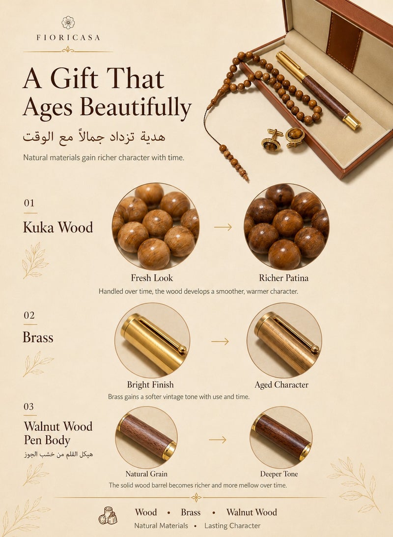 FIORICASA Men’s Gift Set with 33-Bead 10mm Kuka Wood Prayer Beads, Wood & Brass Fountain Pen, Tiger Eye Cufflinks and Premium Gift Box for Him - Image 2