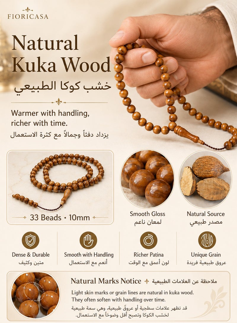 FIORICASA Men’s Gift Set with 33-Bead 10mm Kuka Wood Prayer Beads, Wood & Brass Fountain Pen, Tiger Eye Cufflinks and Premium Gift Box for Him - Image 3